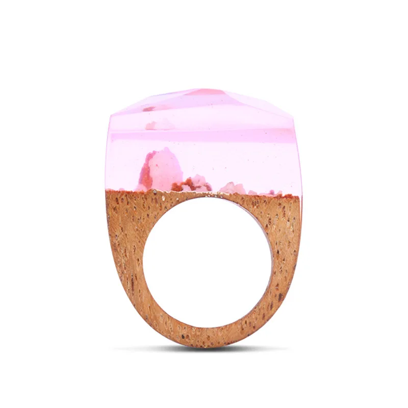 

2021 Sailing Jewelry Handmade Forest Wooden Tree Ring Pink Resin Wood Rings Magical Mystery Scenery Inside Rings