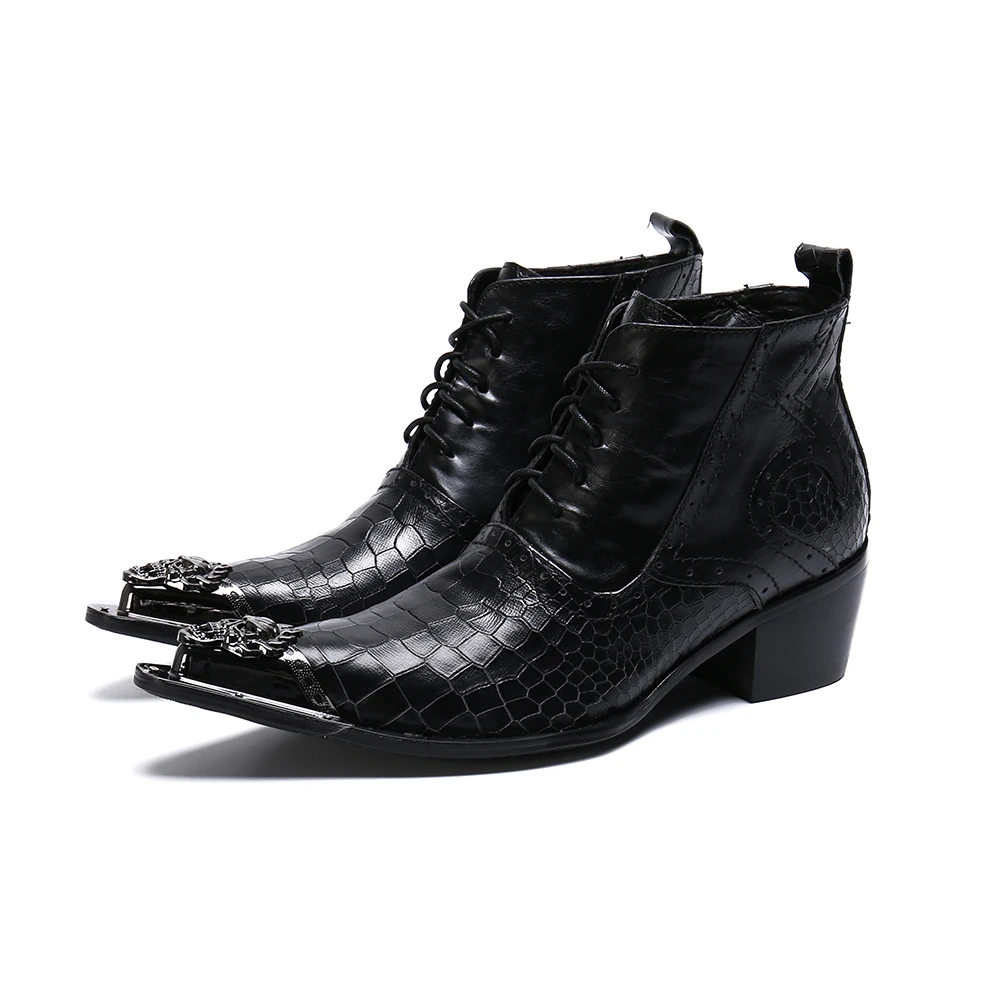 

NA258 Black Leather Ankle Metal Head Boots Lace Up 2022 New Men Pointed Toe Wedding Shoes Men Booties Shoes Men Big Size