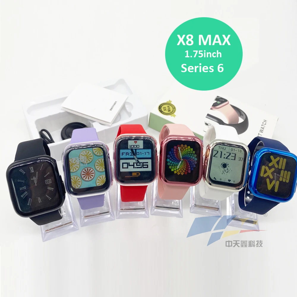 

New product X8 Max Smart watch 1.75 inch screen series 6 with game IP67 waterproof Health Fitness Smart Watch for Android IOS, Black, white, pink, red, blue,purple