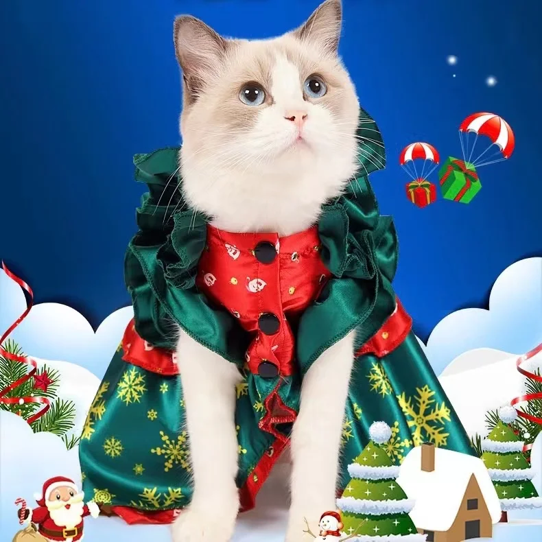 

Luxury Christmas Pets Apparel Holiday Cat Dog Evening Dress Clothes Funny Santa Claus Accessories, As picture