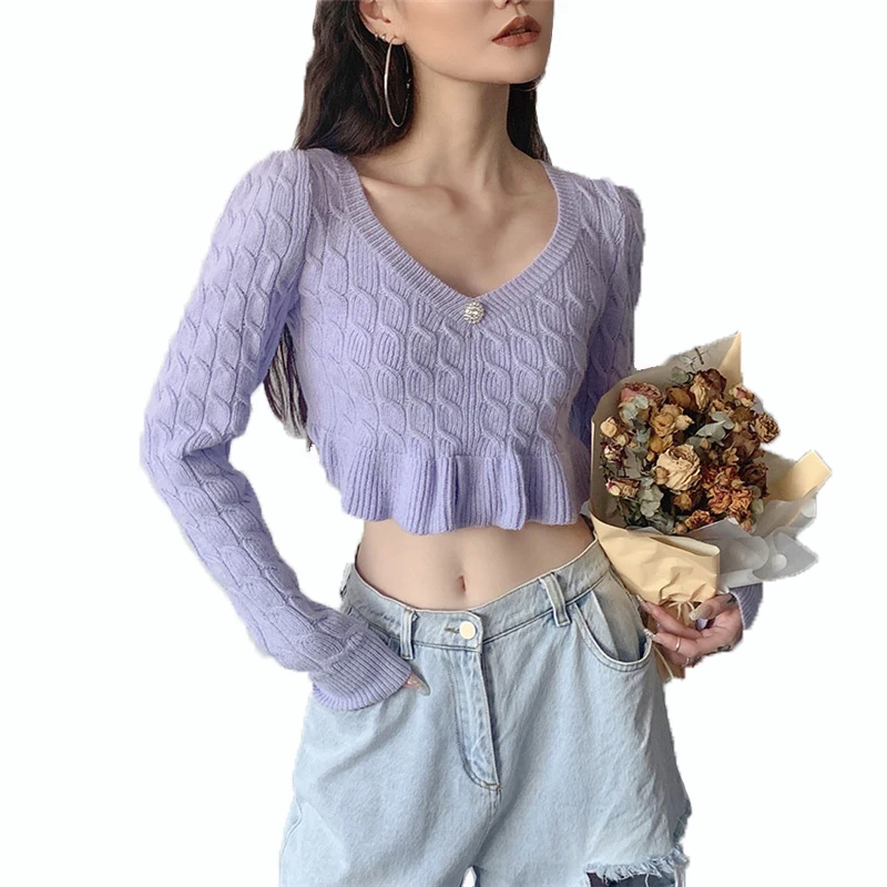 

10808-MX88 solid color vneck crop top scollop knitted women's sweaters sehe fashion