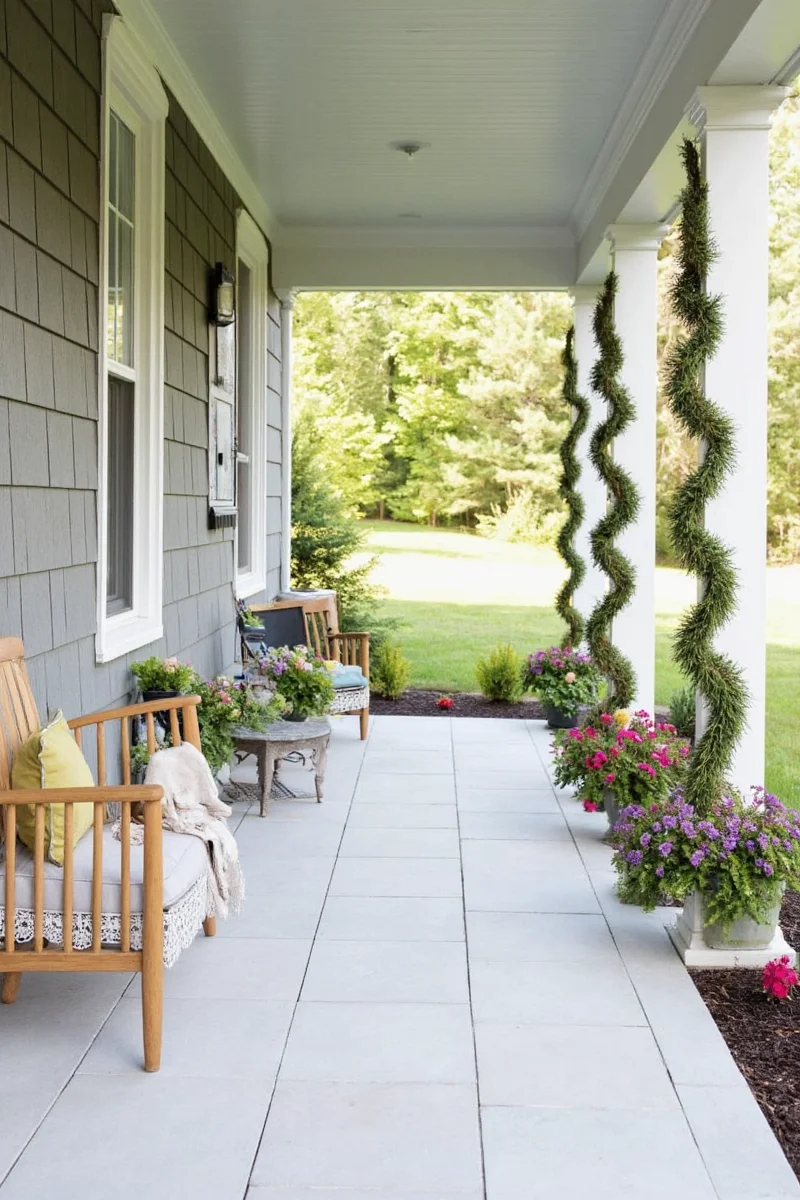 Rainbow stripe border on a painted concrete porch edge
