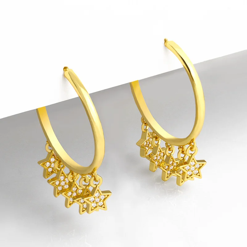 

Korean 18k Gold Plated CZ Zirconia Star Tassel Earrings Simple Fashion Crystal C Shape Star Dangle Hoop Earrings For Women