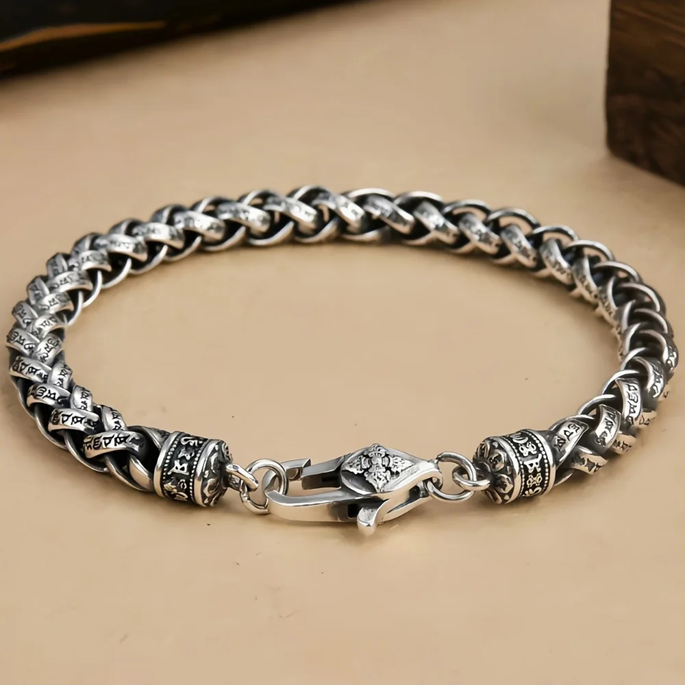 

Sterling Silver 925 Bracelet For Men Punk Rock Six Character Mantra Hand Woven Buddha Bracelet Peace Jewelry