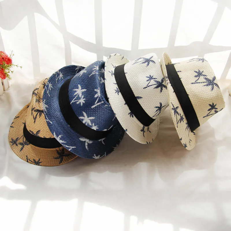 
Hot sales outdoor travelling coconut Leaf Print panama straw hat tree beach Fedora jazz straw Hat 