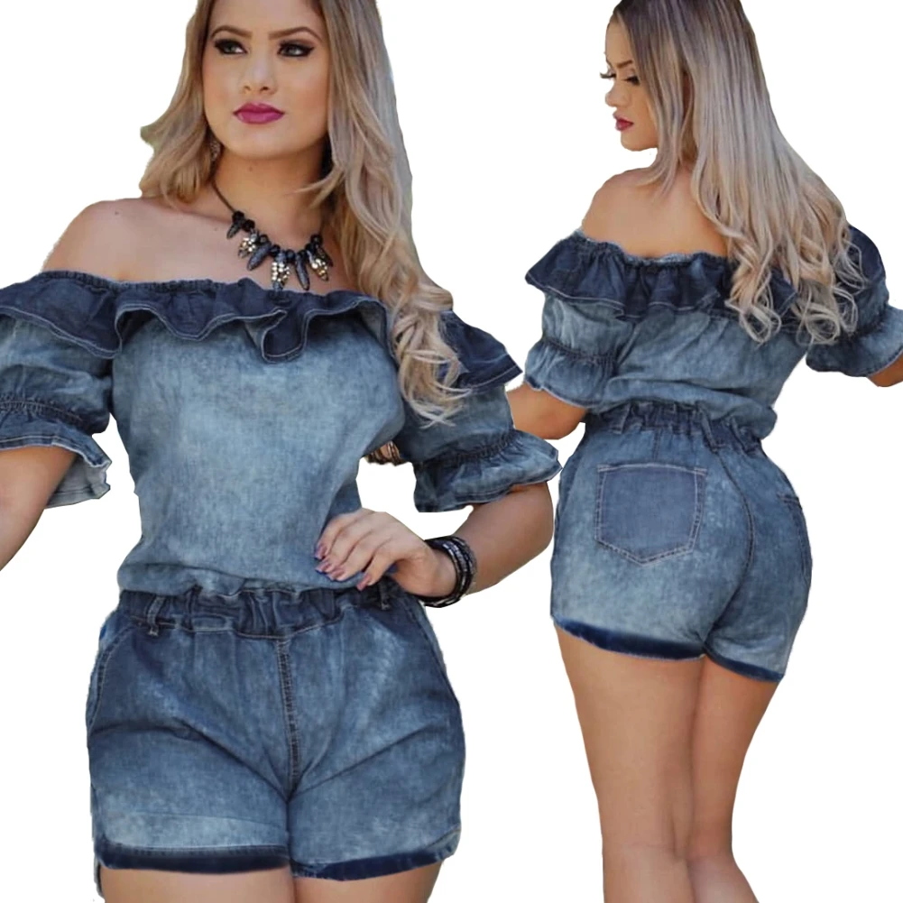 

2020 Wholesale New Fashion Design Summer Women Jumpsuits Off The Shoulder Ruffles Blue Denim Short Rompers And Bodysuits, Picture color