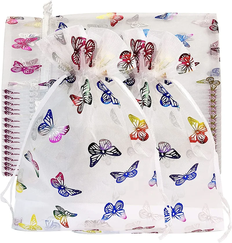 

Wedding Festival Colorful Small Treat Bags White Organza Jewelry Chocolate Pouch Butterfly Design Organza Drawstring Gift Bags