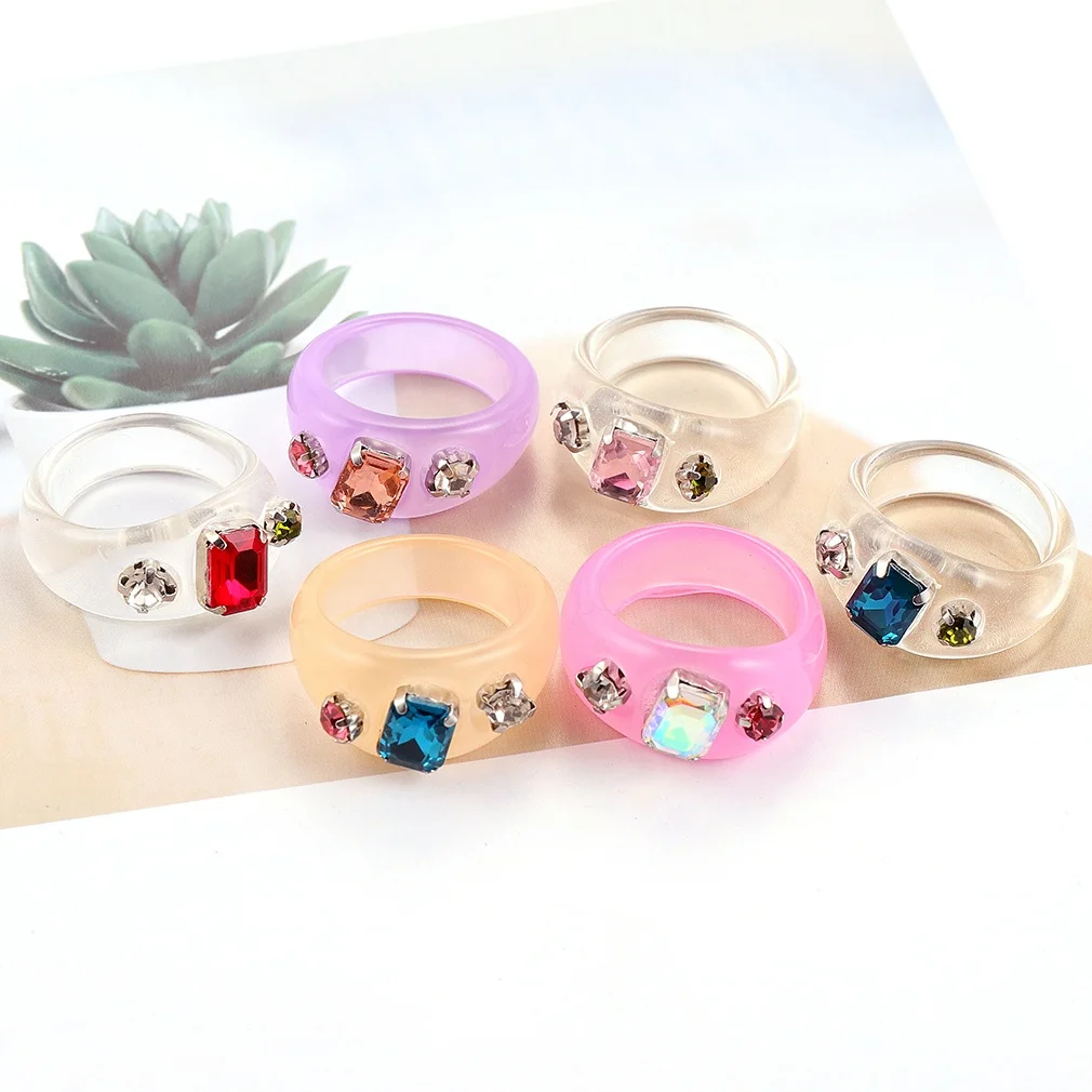 

INS fashion Rhinestone Colourful Geometric Rings Colorful Diamond Round Acrylic Ring for Women Sweet Girls