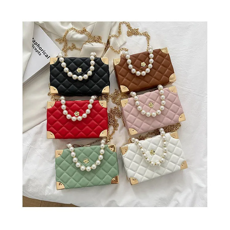 

Fashion Diamond Lattice 2021 Ins Box Shaped Women Shoulder Messenger Bags Pearl Chains Women Clutch Hand Bags Femme, 6 colors