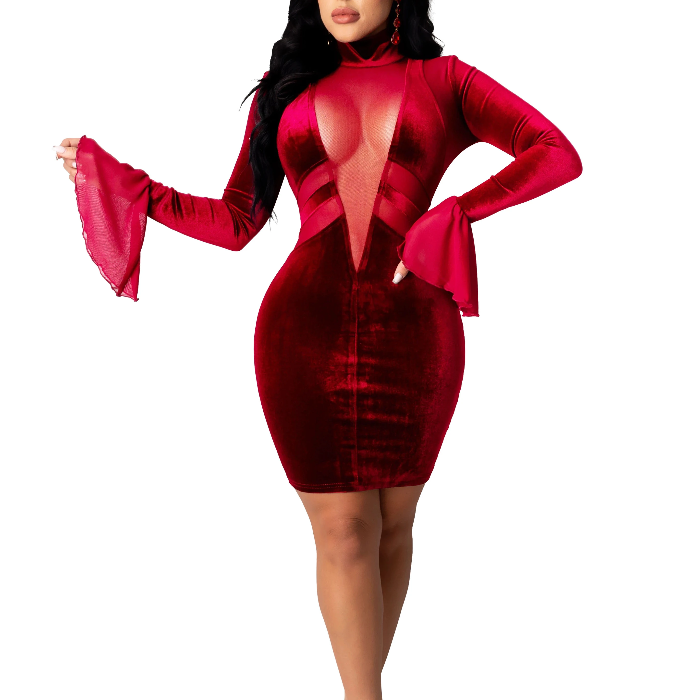 

Fashion red night wear mesh velvet deep v short dresses women sexy