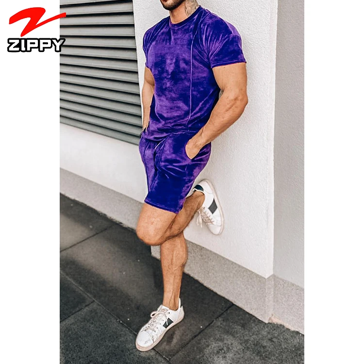 

Plain sweat suit men Summer fashion design men's velour short sleeves t shirt and shorts tracksuits short set men, Custom color