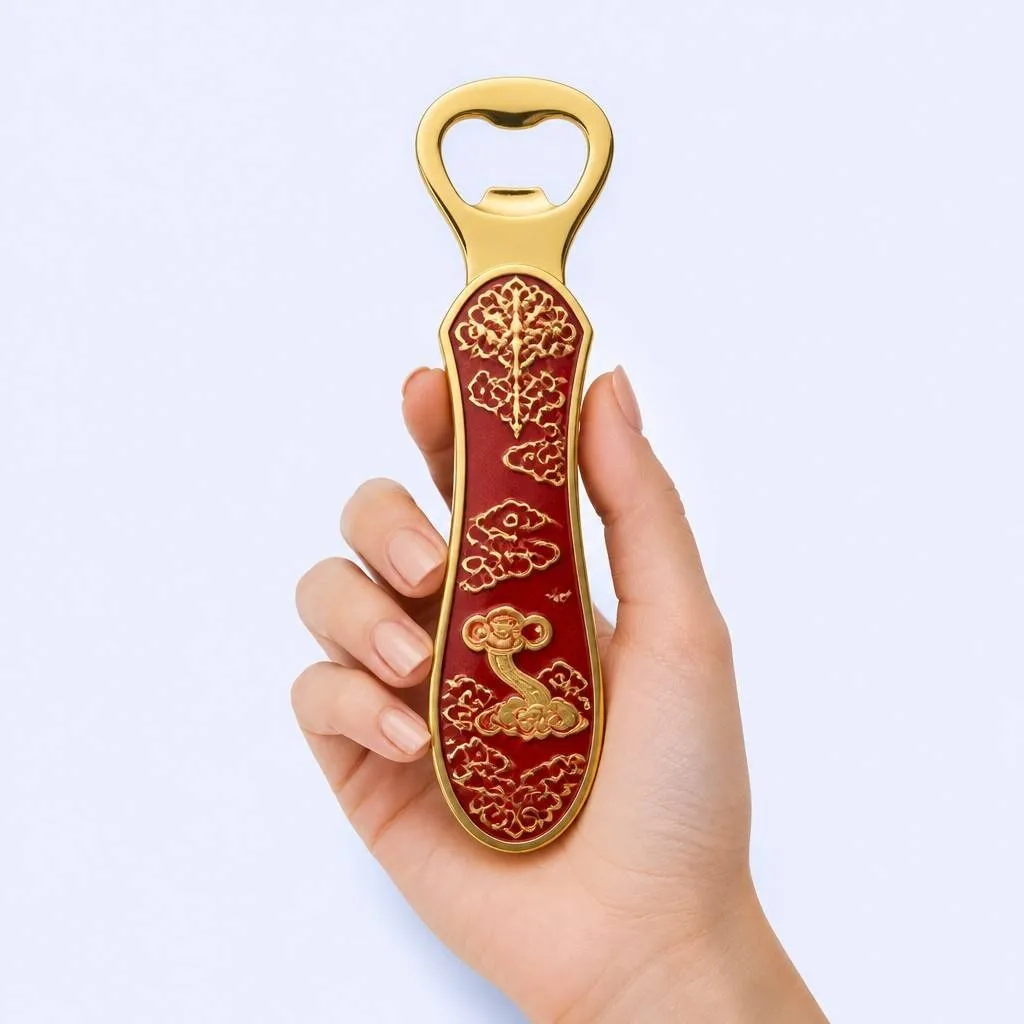 Red enamel ruyi bottle opener held in hand