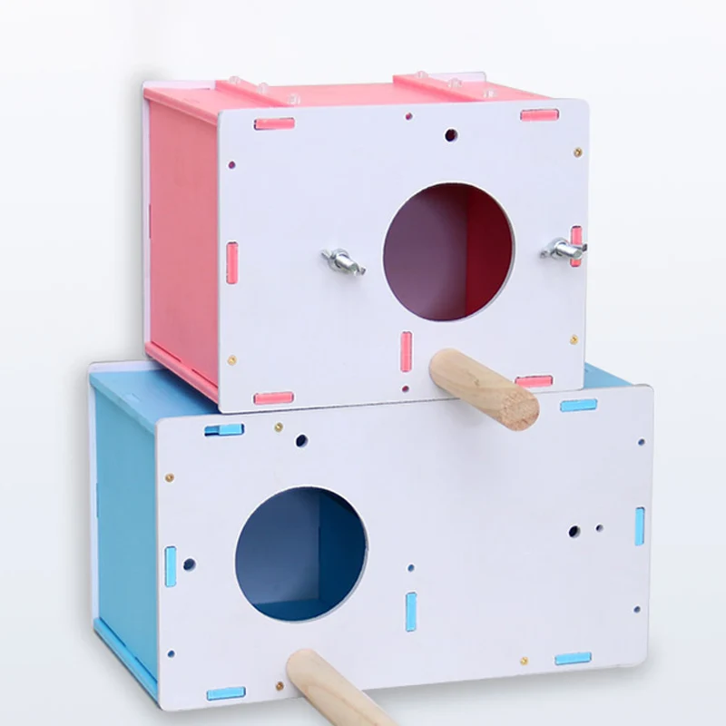 

Natural parakeet nesting box budgie cockatiel birdhouse pet wooden plastic bird breeding box wood, Pink greeu blue