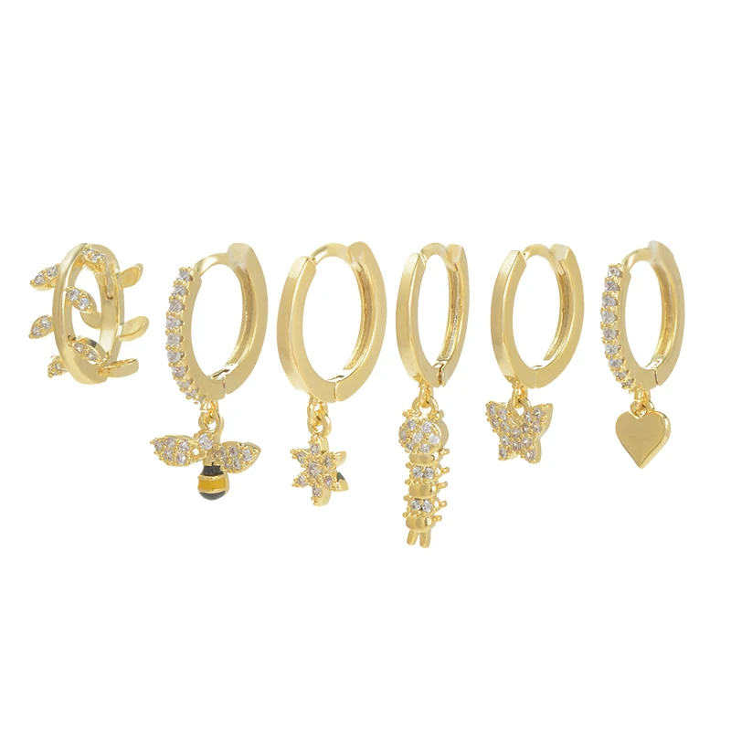 

ED64268 Korean fashion gold plated women jewelry 3 pairs set bee heart drop mini hoop earrings
