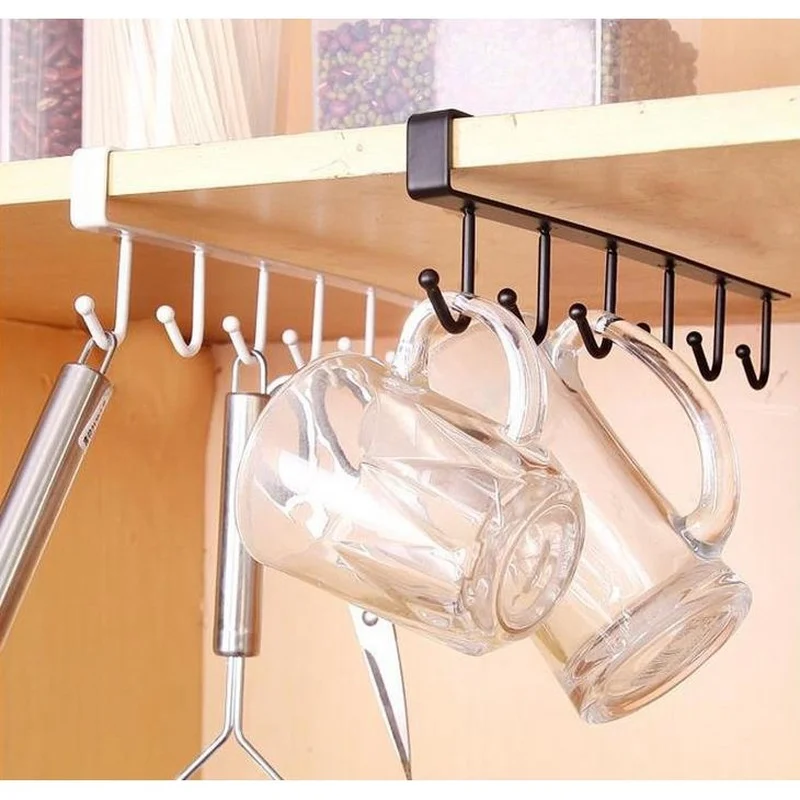 

Iron 6 Hooks Storage Shelf Wardrobe Cabinet Metal Under Shelves Mug Cup Hanger Bathroom Kitchen Organizer Hanging Rack Holder