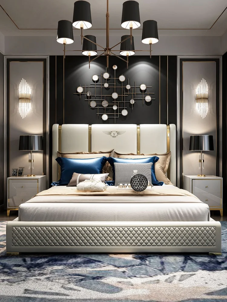 
Italian Designer Soft Bed Storage Grey Leather Double Bed 