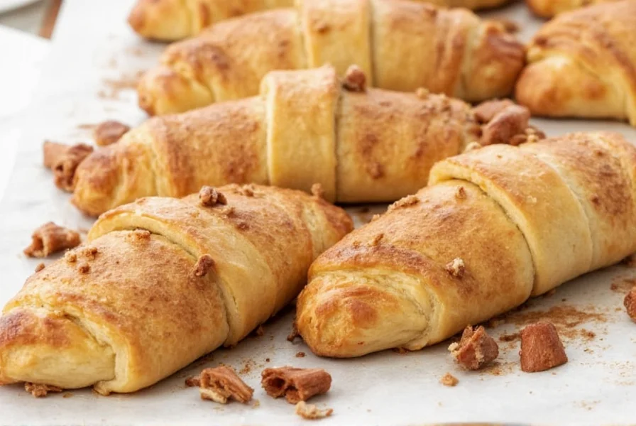 Close-up photograph of perfectly toasted cinnamon strudel with melted icing drizzled on top, showing flaky pastry layers and cinnamon filling oozing slightly
