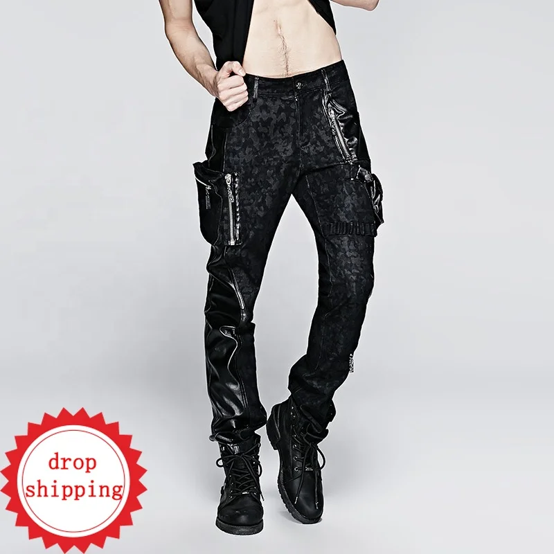 

K-213 2019 mens jeans Punk New Men Leather Jeans with Pocket men pants, Black