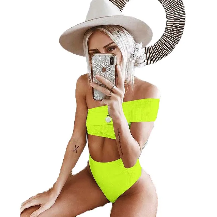 

Sexy slanted shoulder bikini candy color two-piece ladies high waist beach swimwear