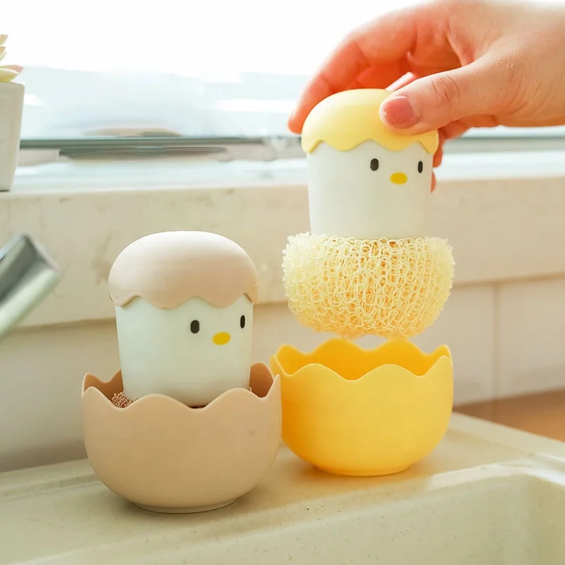 

Kitchen Items Cleaning Cute Yellow Pink Eggshell Chicken Dish Brush Scrubber Replacement Handle Head Dish Brush with Stand