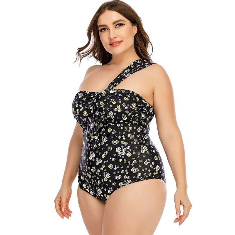 

Hot Selling High Waist Women's One Piece Plus Size Swimsuit One Shoulder Fashion Breathable Swimwear Beachwear, As pictures