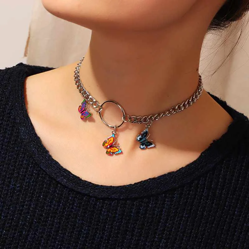 

Trendy Silver Filled Short Chain Five Colorful Butterfly Pendants Choker Necklace for Women Jewelry, Silver plated