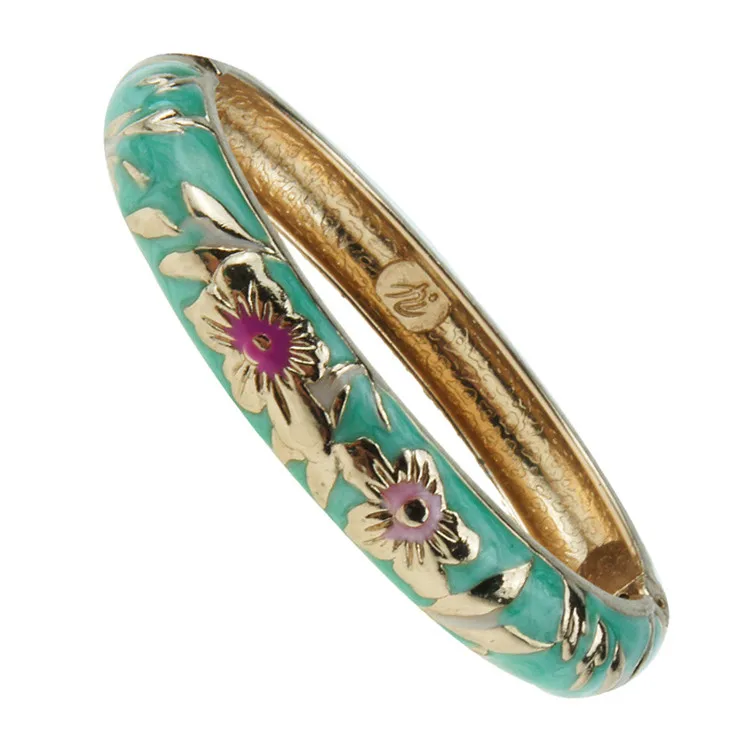 

WIIPU Handmade Enamel Bracelet Flower Golden Hinged Cuff Crystal Bangle Jewelry Women