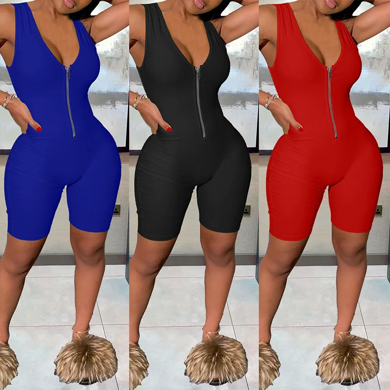 

FS2024D 2021 Women sleeveless zipper sexy solid colors short Jumpsuits