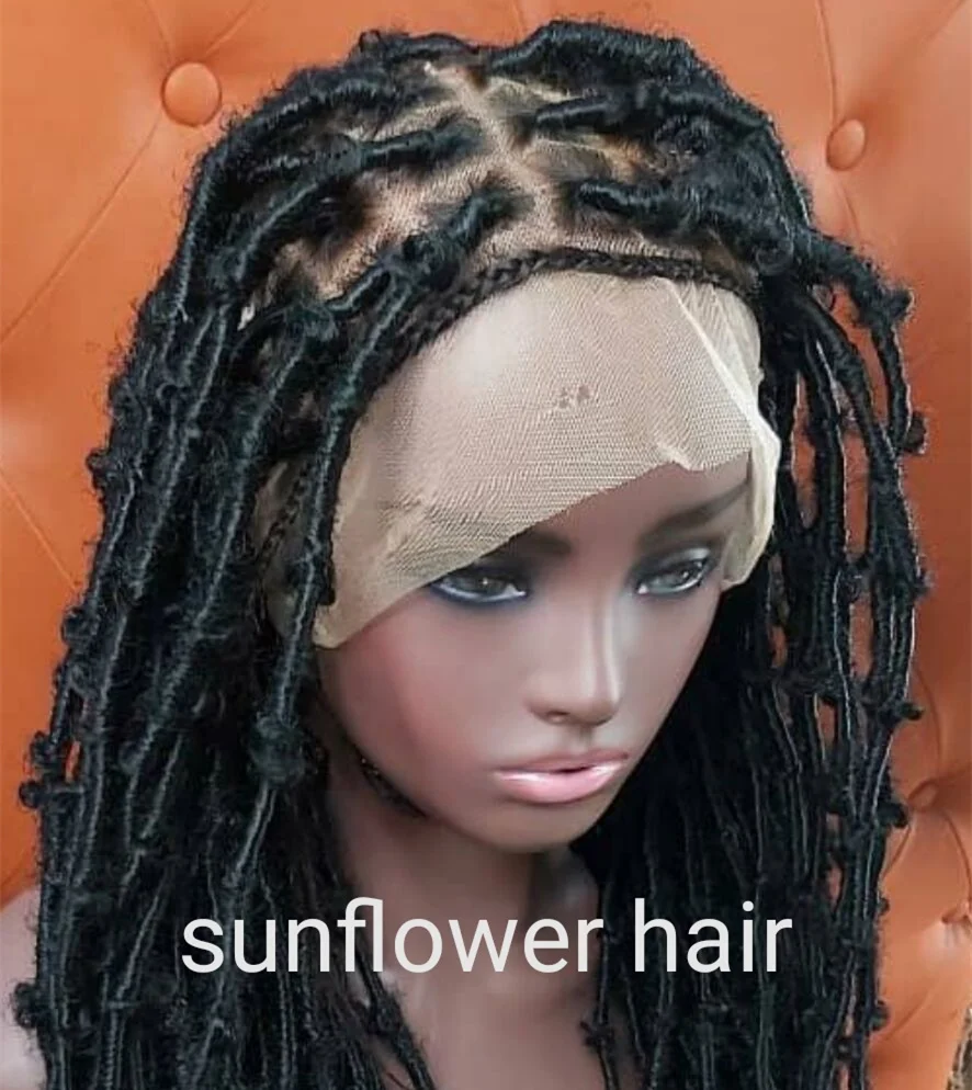 

wholesale box knotless neat synthetic braids wig braided on human hair full lace braided wig for young black women