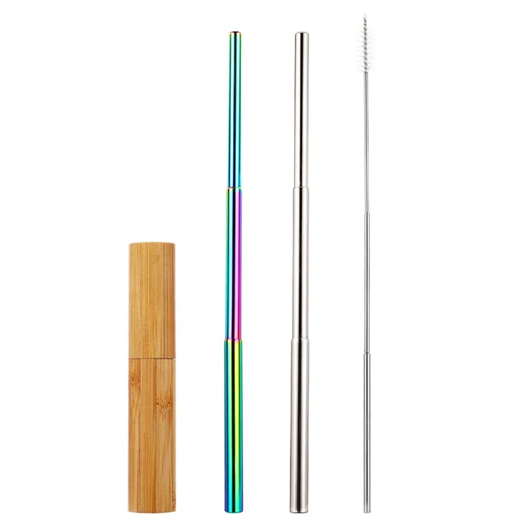 

Portable Retractable Stainless Steel Reusable Straws Collapsible Metal Telescopic Foldable Straws With bamboo Case