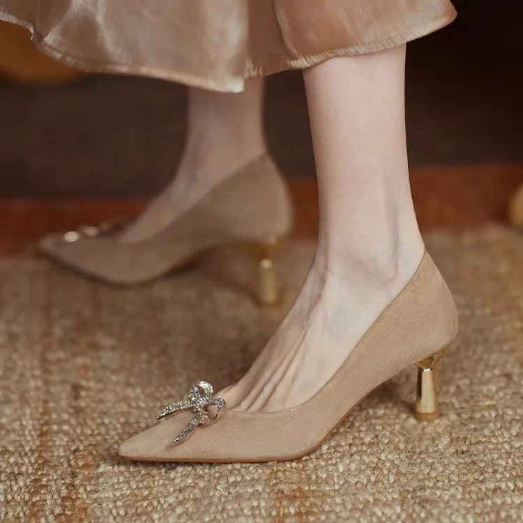 

Women Elegant Thin Heels Shoes Shiny Crystal Bow Pointed Toe Slip On Pumps, Beige,black