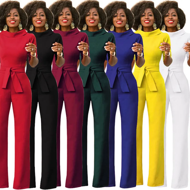 

Lskj088 2021 Fashion Women's Solid Color Lapel Five-point Sleeve High-waisted Wide-leg Jumpsuit