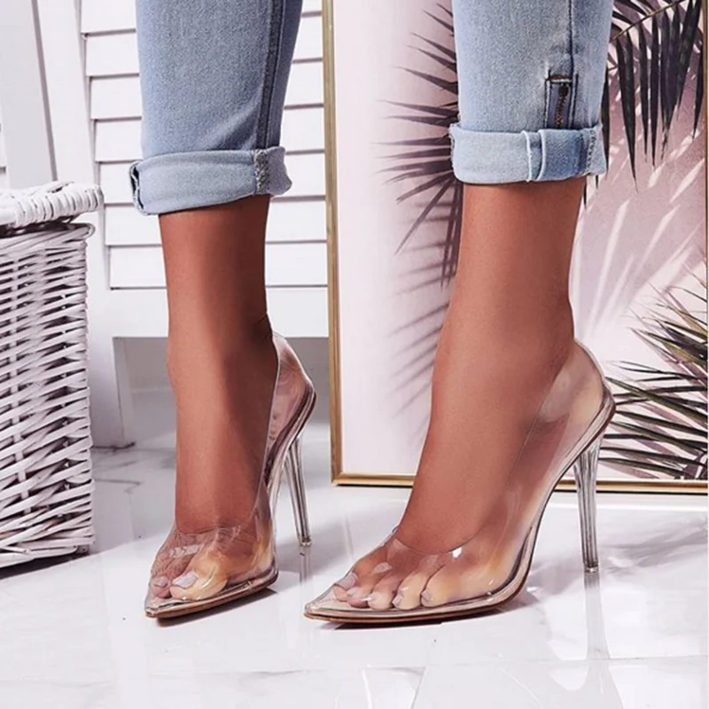 

PVC Transparent Women's Shoes Fashion Office Lady Lace Patchwork Spring/Autumn High Heels Pointed Toe Slip-On Sexy Ladies Pumps, Apricot