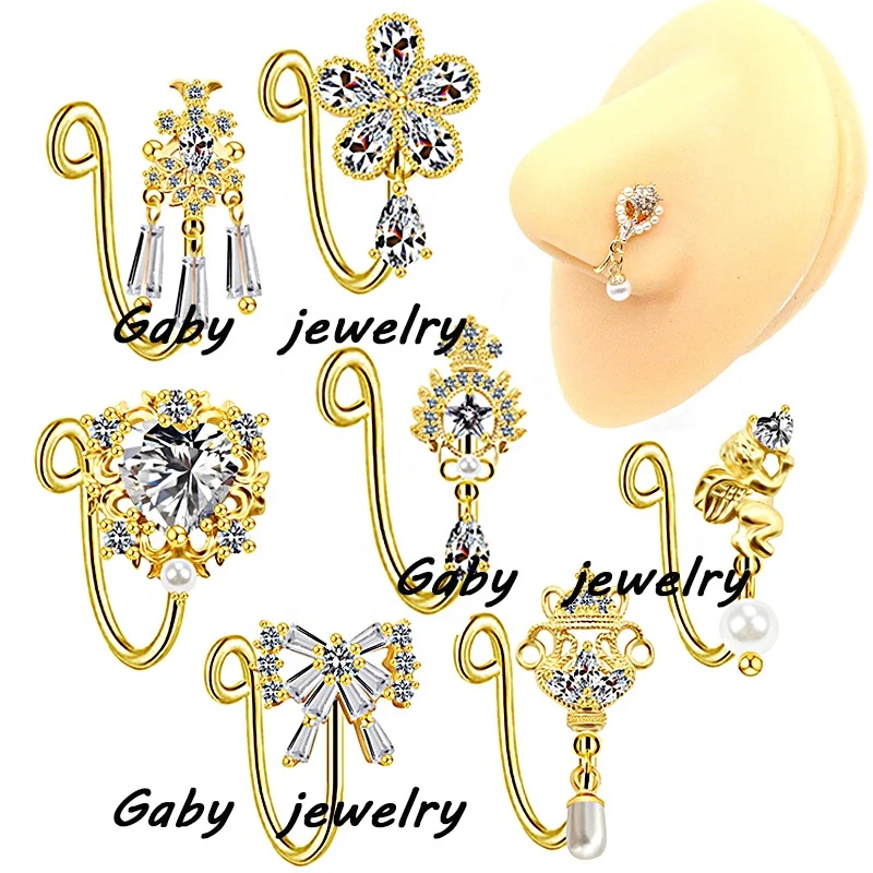 

Gaby new design gold plated dangle nose cuffs face nose ring cuff bulk clip non piercing fake nose rings, Gold,silver