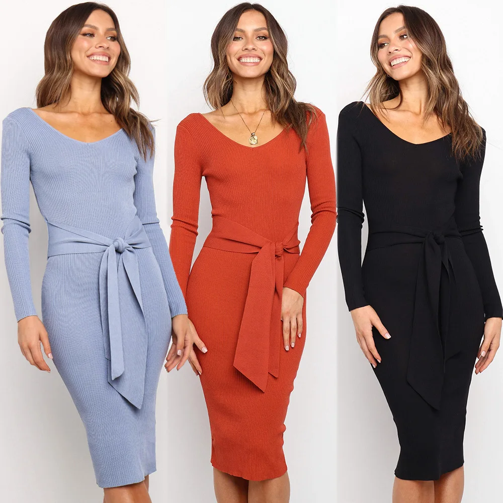 

Spring and Autumn Women Bodycon Dress Sexy Solid Color Knitted Long Sleeve Dress Casual V-neck Backless Dress, As the pictures shown