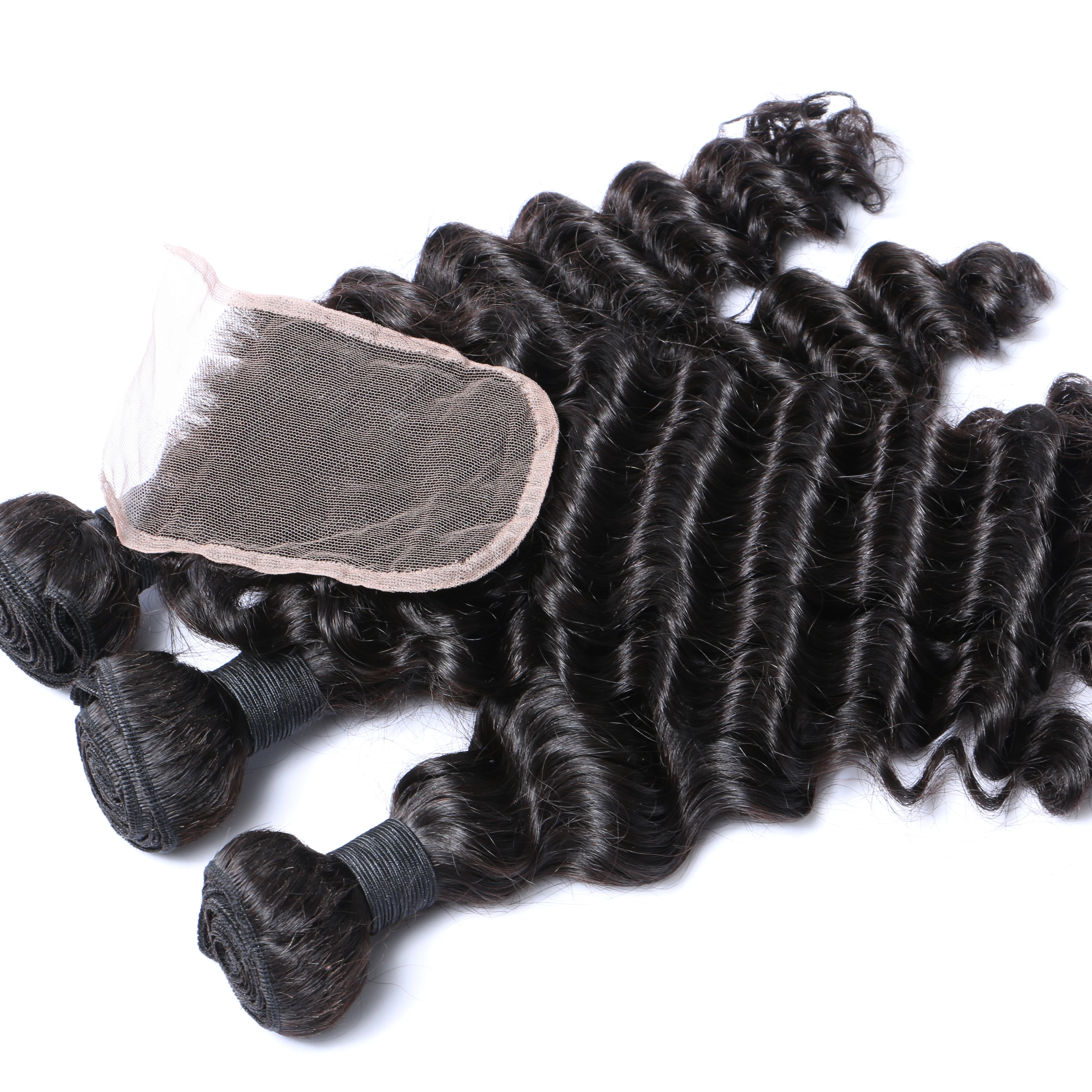 

Brazilian Human Hair 3 Bundles With 4x4 HD Lace Closure (10" 10" 10"+10") Deep Wave 10A Bundles Deal Natural Black Color, Natutal black