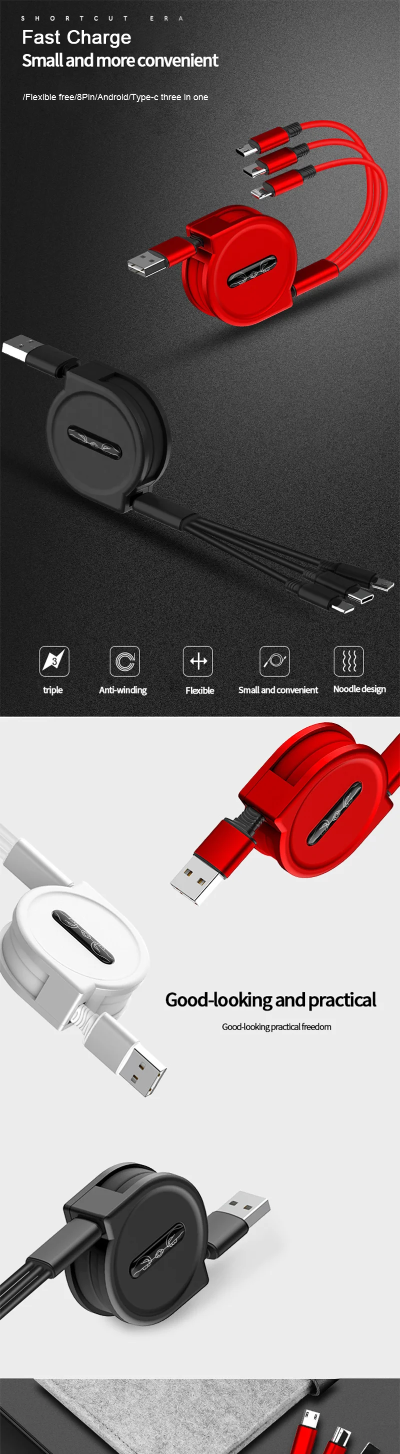 Eonline 2.5A 120cm 3 In 1 USB Charge Cable for Phone USB & USB C Cable Retractable Portable Charging Cable For X 8 Samsung S9