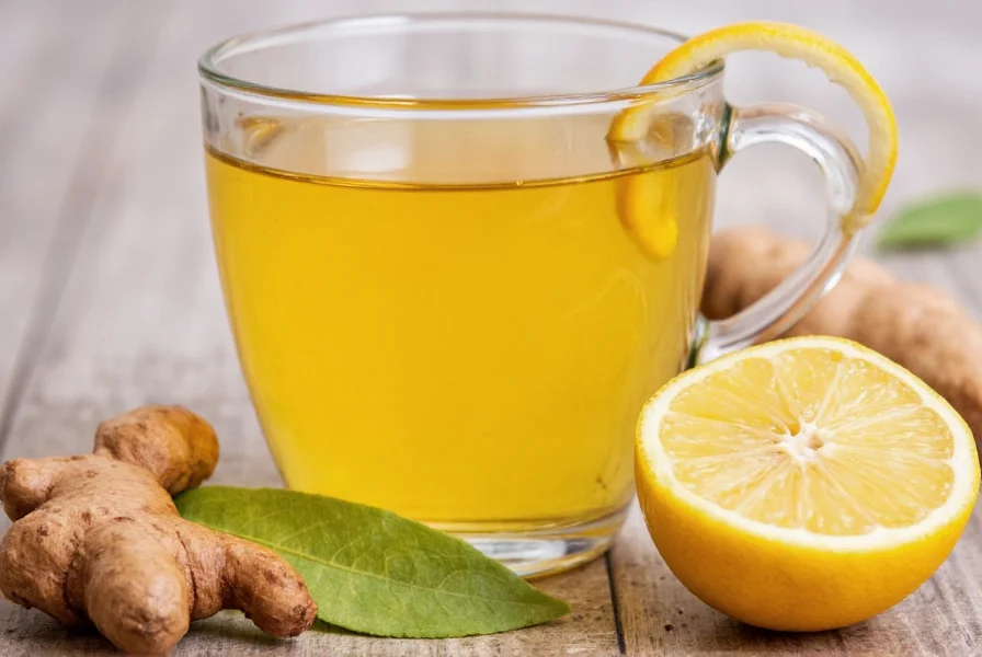 Fresh ginger root slices steeping in clear teapot with lemon slices and hot water