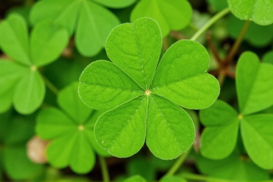 Nahaufnahme einer Weißkleepflanze mit typischem dreiblättrigem Muster und einer vierblättrigen Mutation