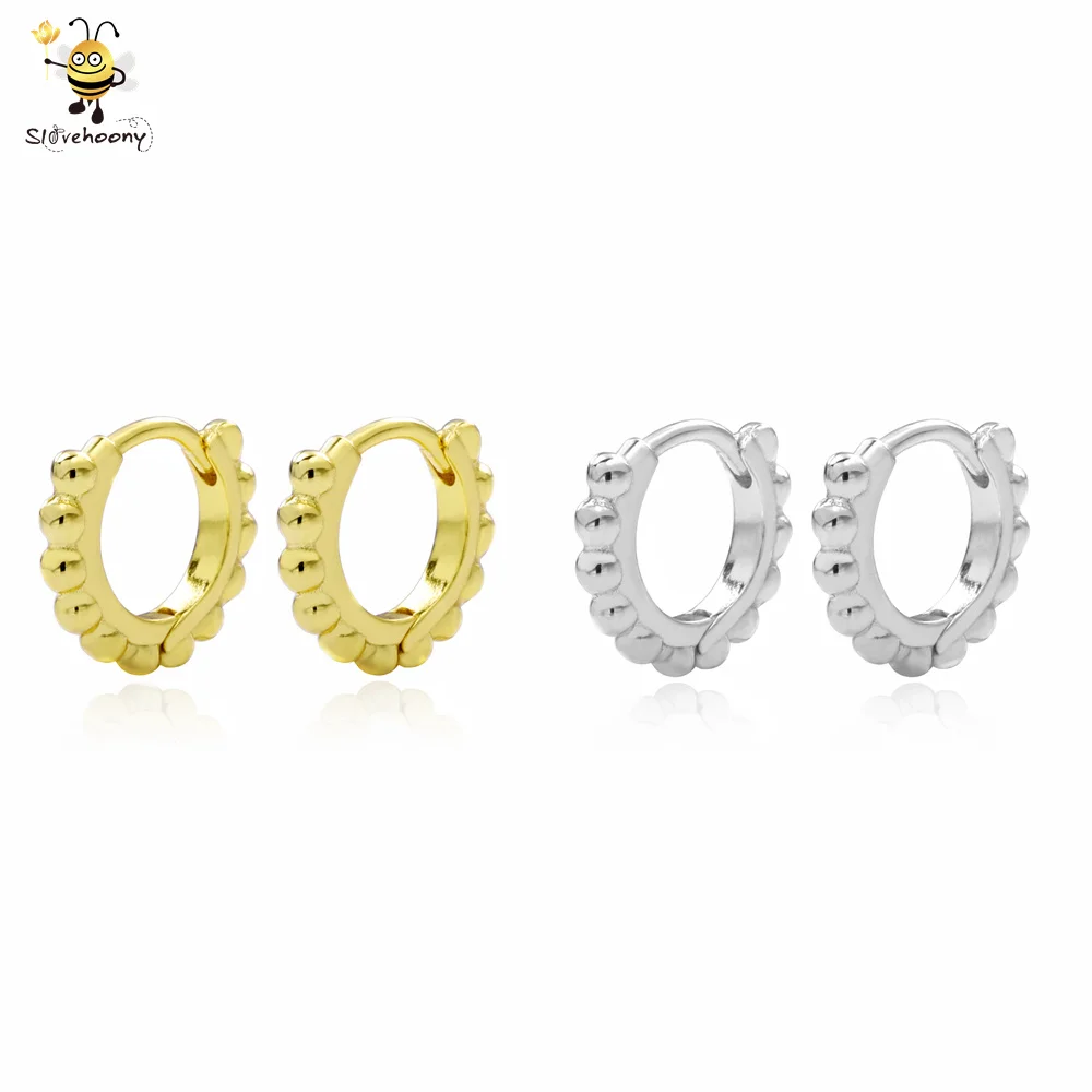 

Fashion Simple Brincos Euro Style Jewelry 925 Sterling Silver Unisex Beaded Huggies Hoop Earrings Wholesale, Silver/24 gold plated