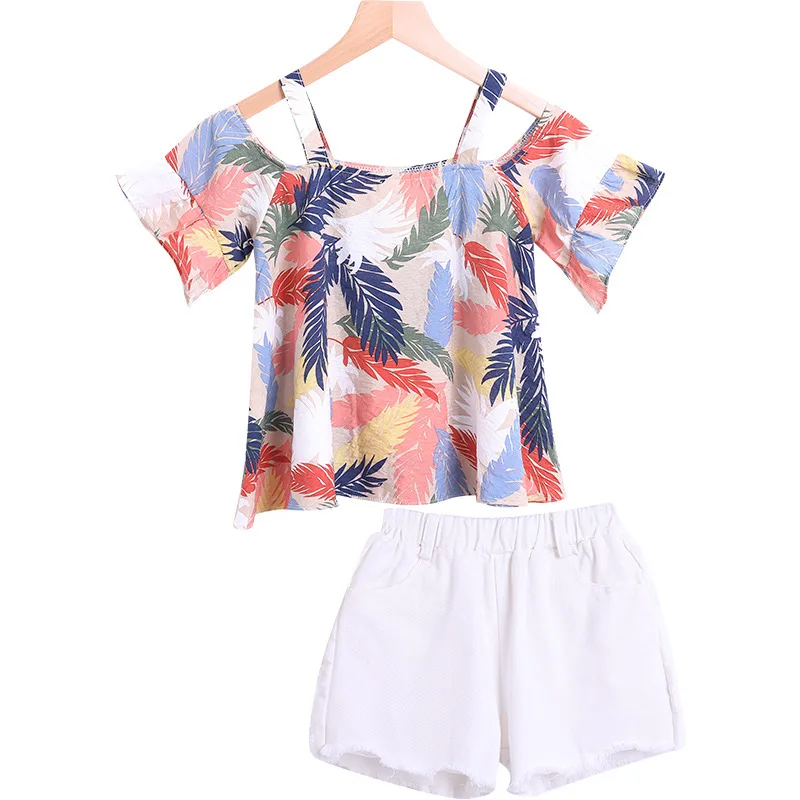 

2021 new girls denim shorts open back suit little girl summer casual short-sleeved T-shirt sports, Picture color