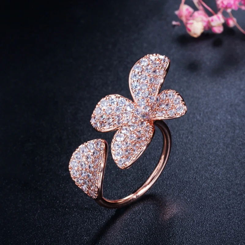 

Wholesale womens luxury flower zircon micro paved rose gold open rings jewelry