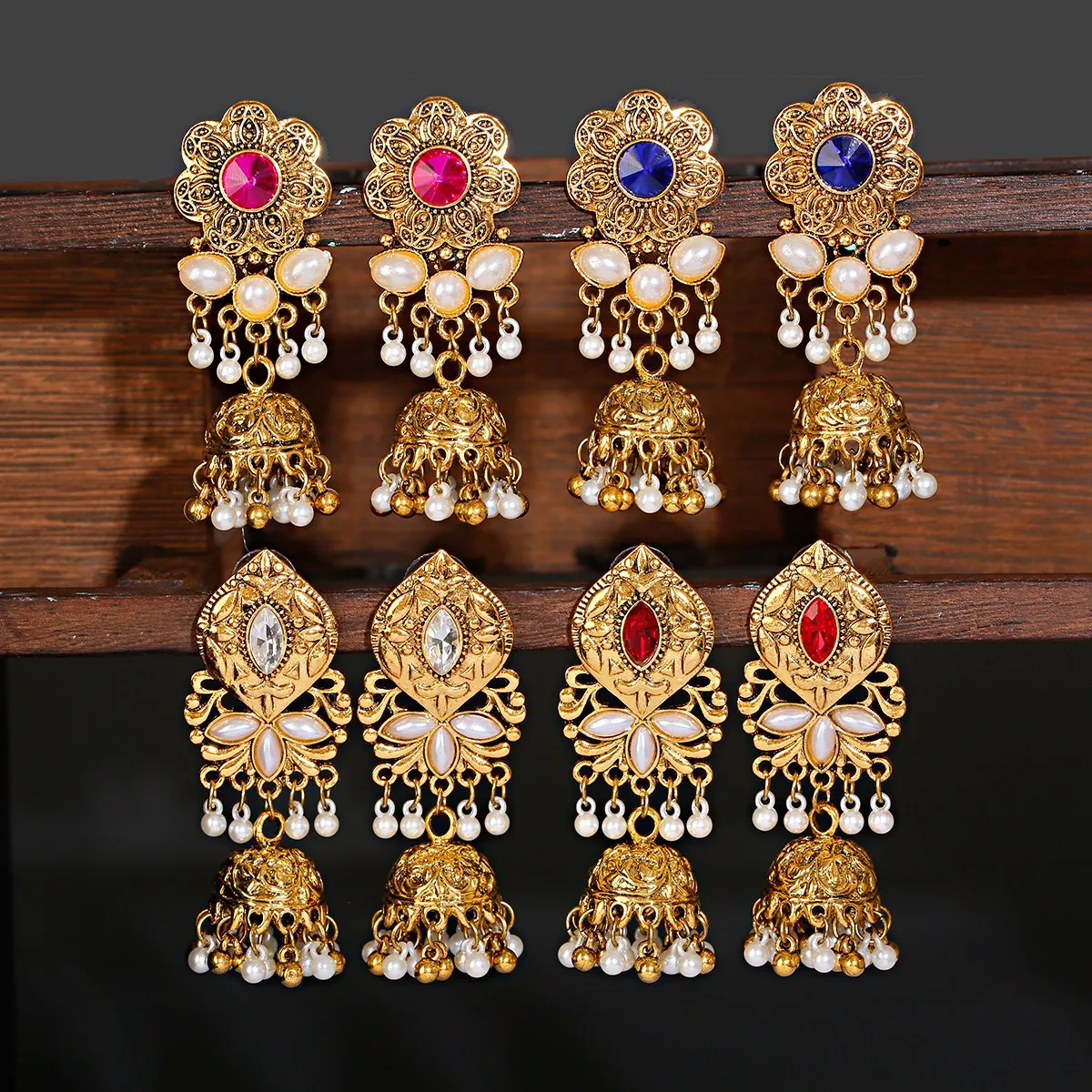 

Women Boho Vintage Gold Antique Gypsy Tribal Indian Oxidized Flower White Pearl Drop Gemstone Jhumka Jhumki Earrings Set Jewelry, Gold/silver