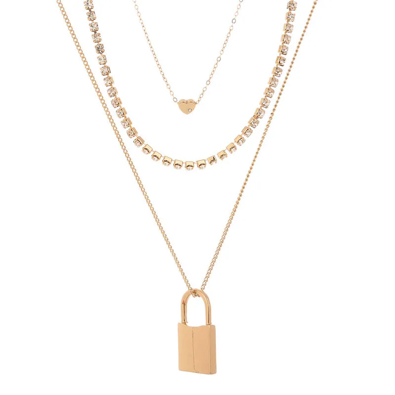 

NC-0677 Wholesale fashion custom logo long chain rose gold pendant jewerly necklace women designer lock multi layer necklace