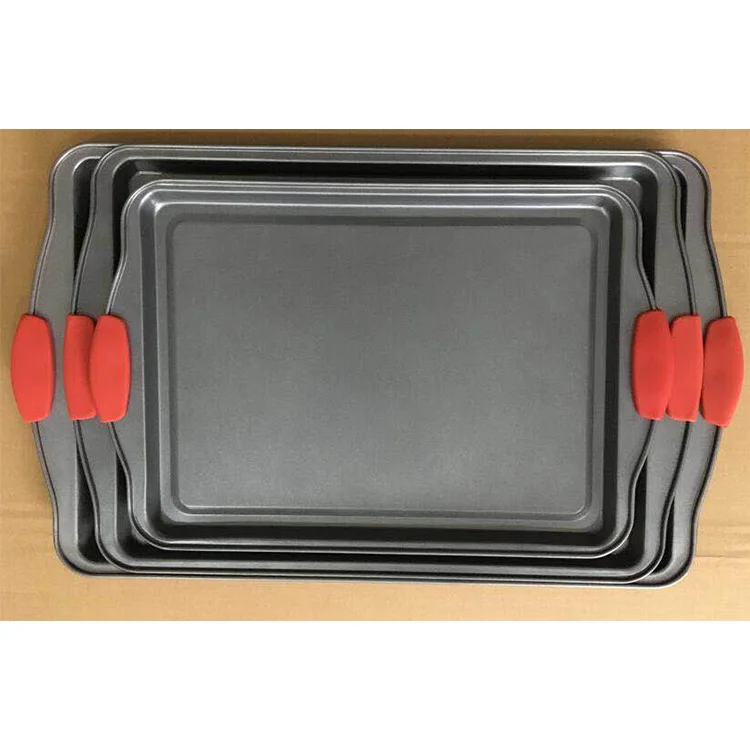 

3 Piece Carbon Steel Baking Pan Cookie Sheets with Red Silicone Handles, Grey