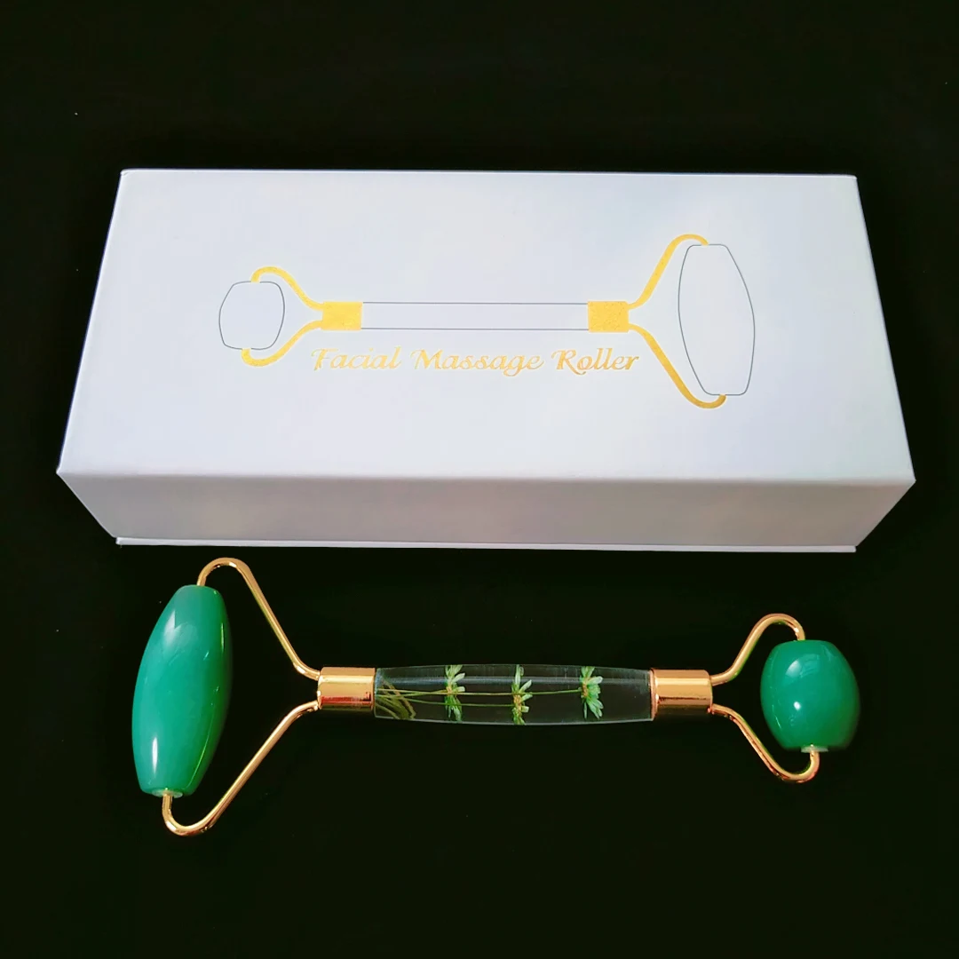 

Popular in japan and korea flower handle green aventurine jade facial massage roller with box