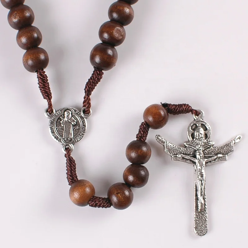 

10mm dark brown color round wood bead metal saint cross religious cord rosary