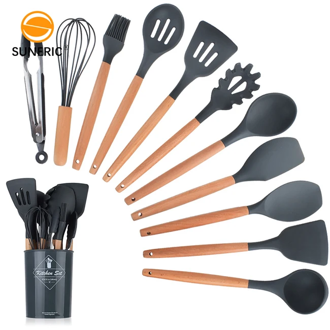 

BPA Free compostable non stick reusable household cook tool silicone cooking utensils set kitchen utensil, Dark gray