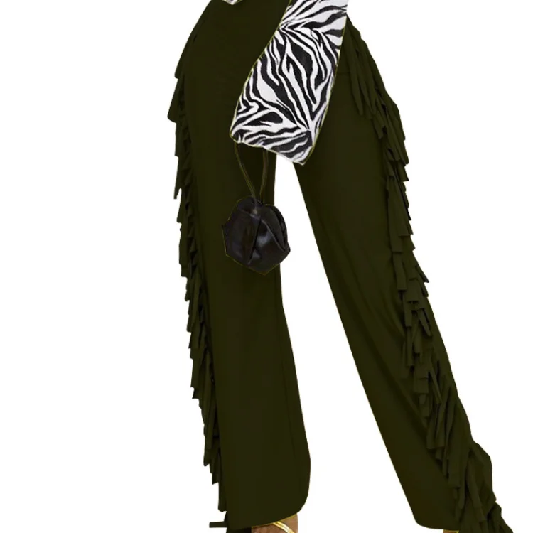 

LvCong Wholesale fashion polyester solid color high waist loose pants plus size tassel pants