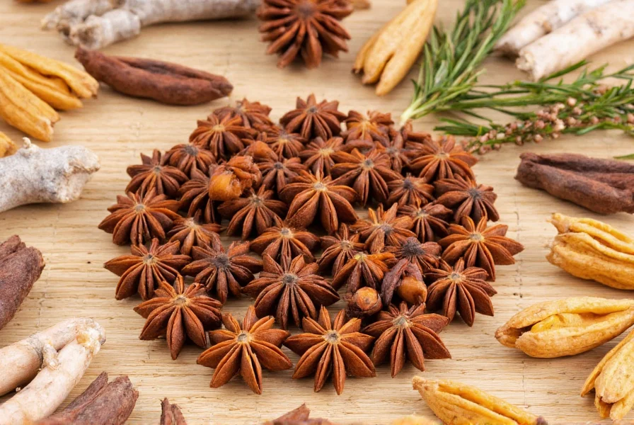 Star anise pods arranged in a circle around traditional Chinese medicine ingredients like dried herbs and roots on bamboo surface